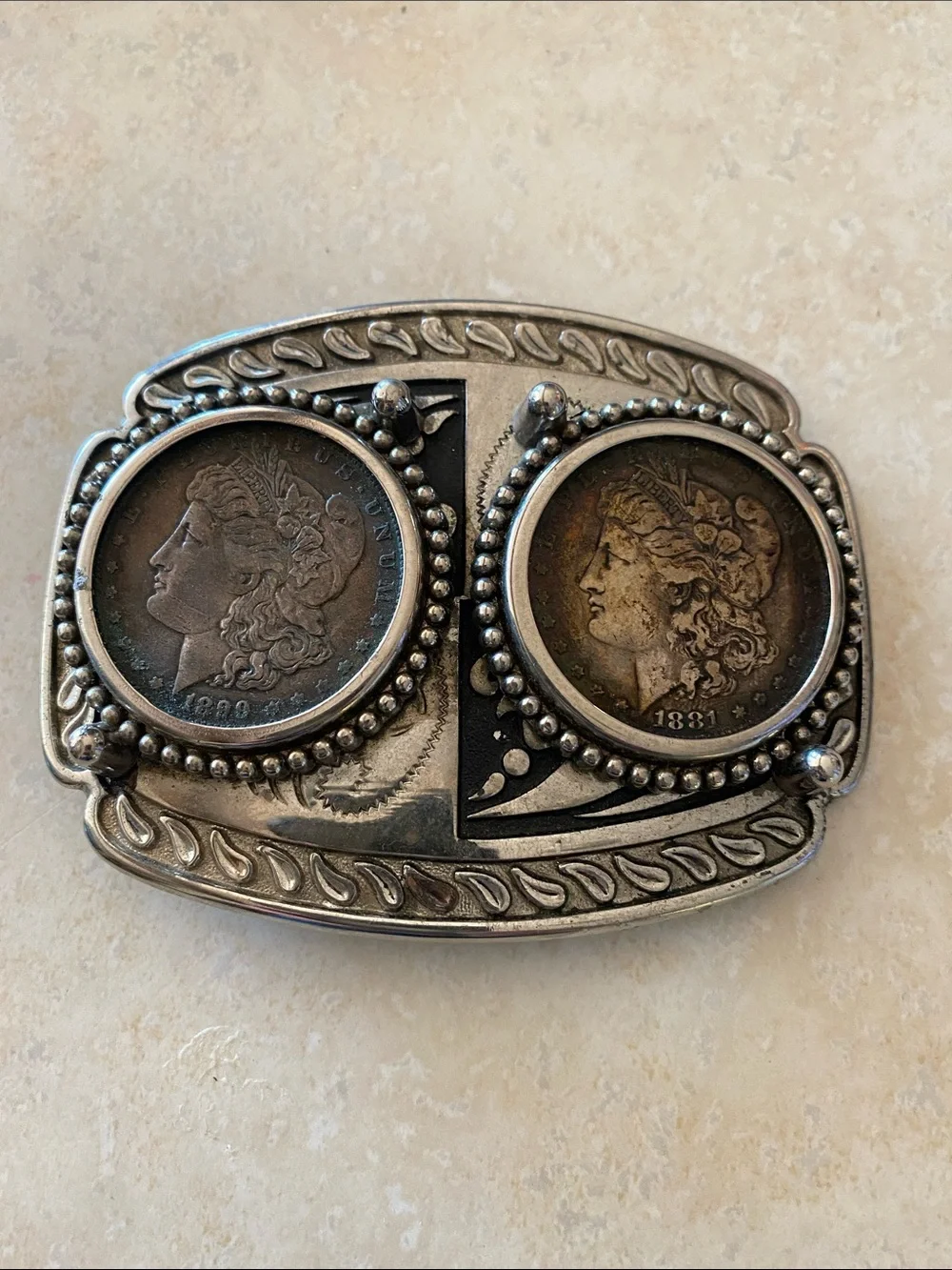 Antique Silver Tone Double Coin Buckle with Morgan Coins